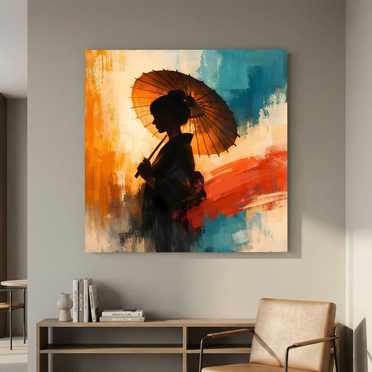 Keilrahmen-Leinwand mit Frauensilhouette und schwarzem Sonnenschirm, abstrakter Hintergrund in Rot/Blau