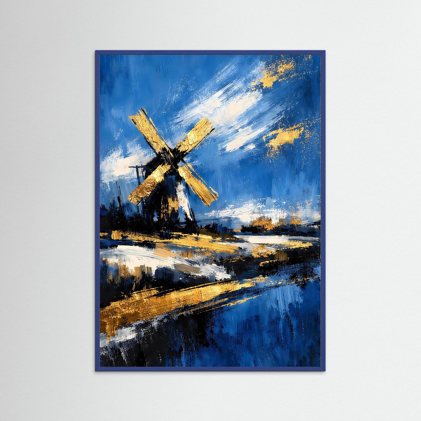 Wandkunstposter mit Windmühle in Gold auf blauem Landschaftsgemälde, mit Rahmen
