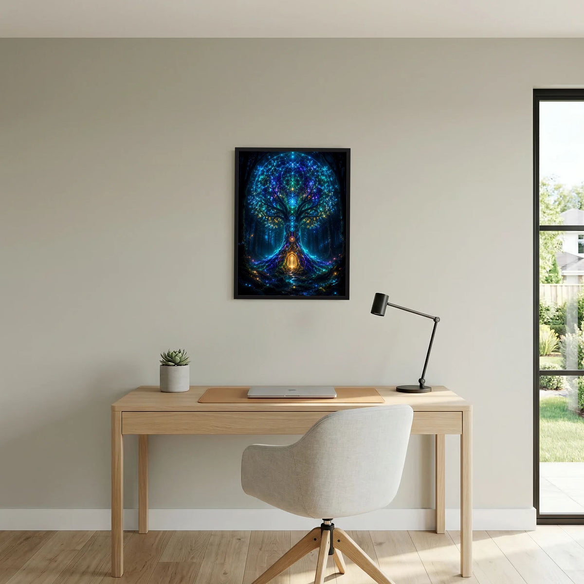 Poster im schwarzen Rahmen: blau funkelnder Baum, goldenes Licht am unteren Portalbereich