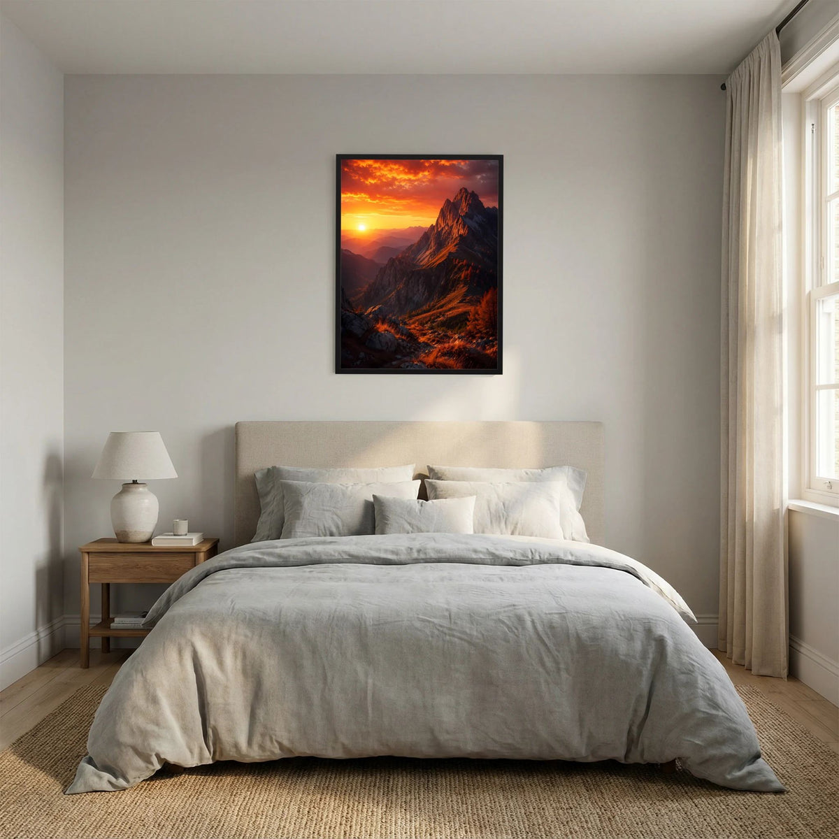 Wandposter im Hochformat mit schwarzem Rahmen: Berglandschaft bei orangefarbenem Sonnenuntergang