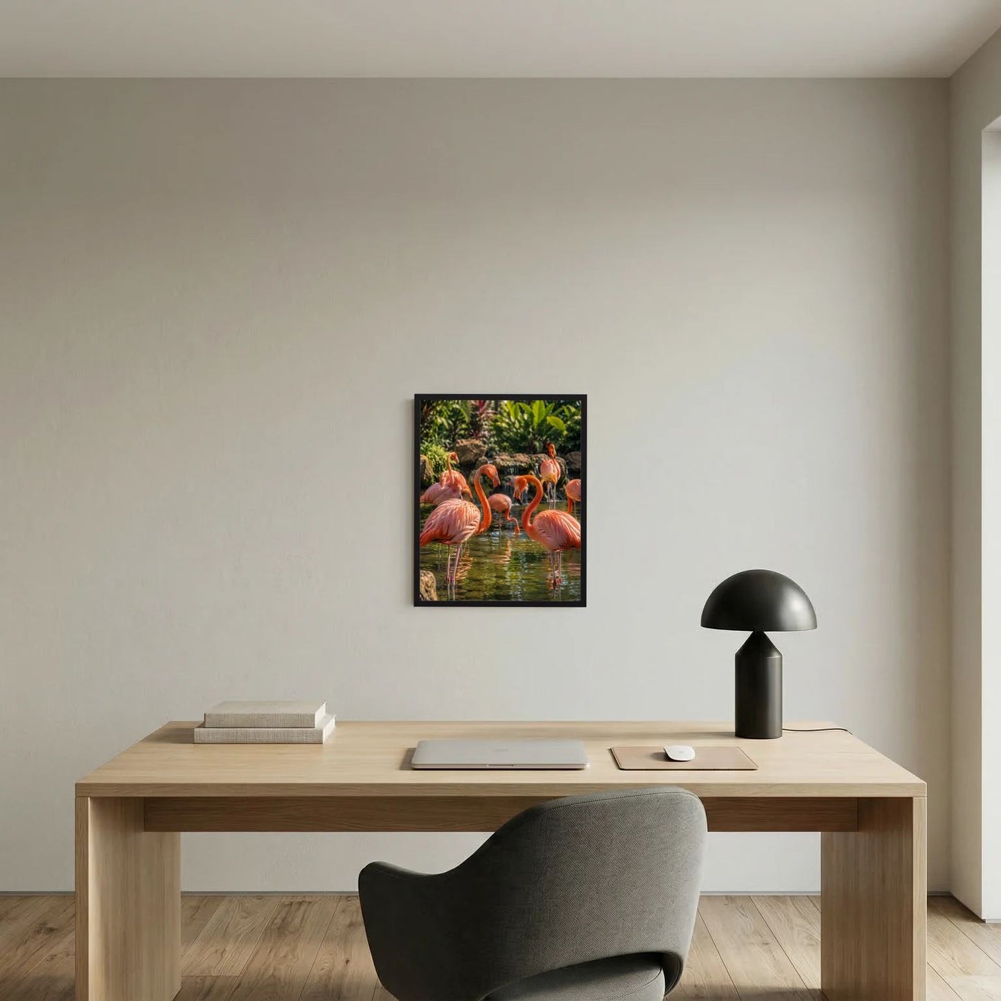 Hochformat-Poster: Flamingos im Teich, rosa Tiere im Vordergrund mit grüner Kulisse