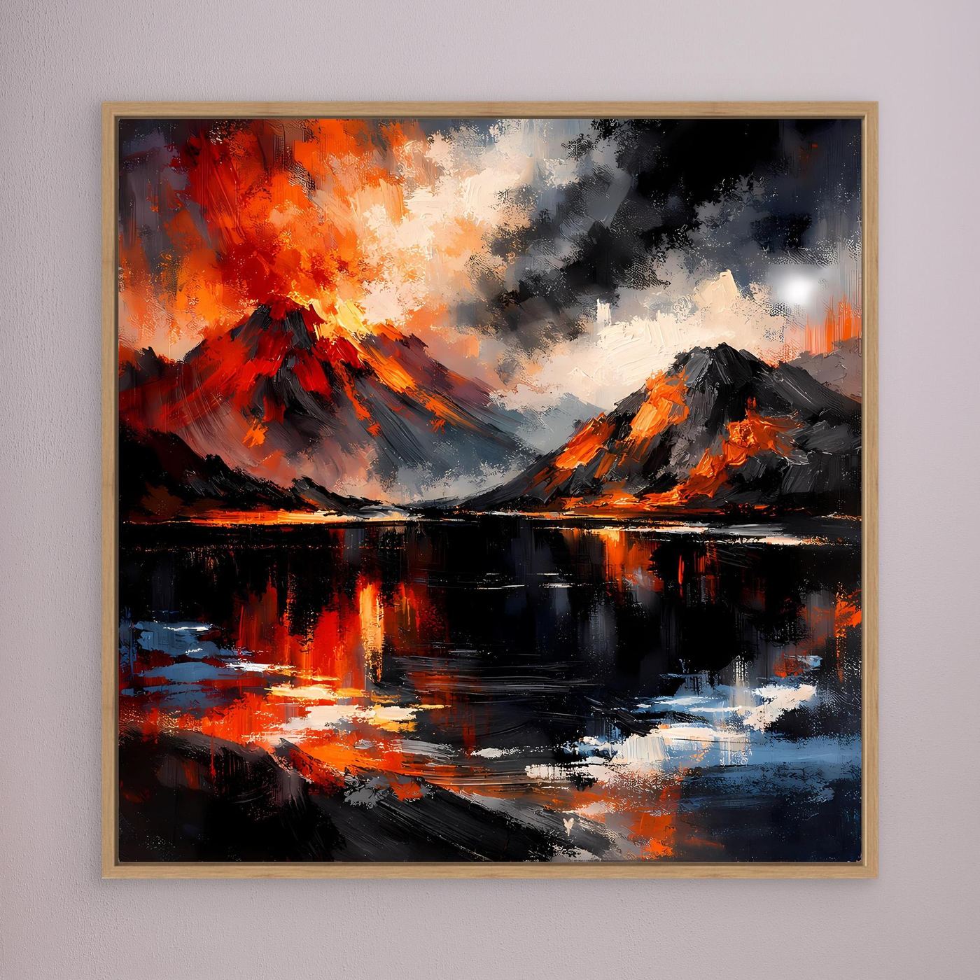 Wandbild mit abstrakter Vulkanlandschaft, Lavaausbruch über See, Eichenrahmen
