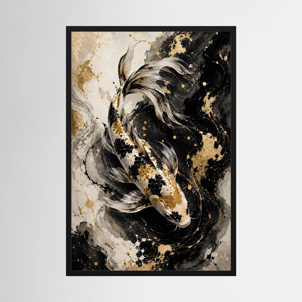 Koi-Wandposter im schwarzen Rahmen mit abstraktem Fisch in Schwarz, Weiß und Gold