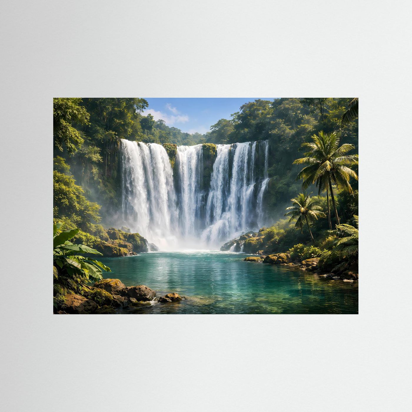 Querformat-Poster mit tropischem Wasserfall, Dschungel und türkisfarbenem See, dunkler Rand