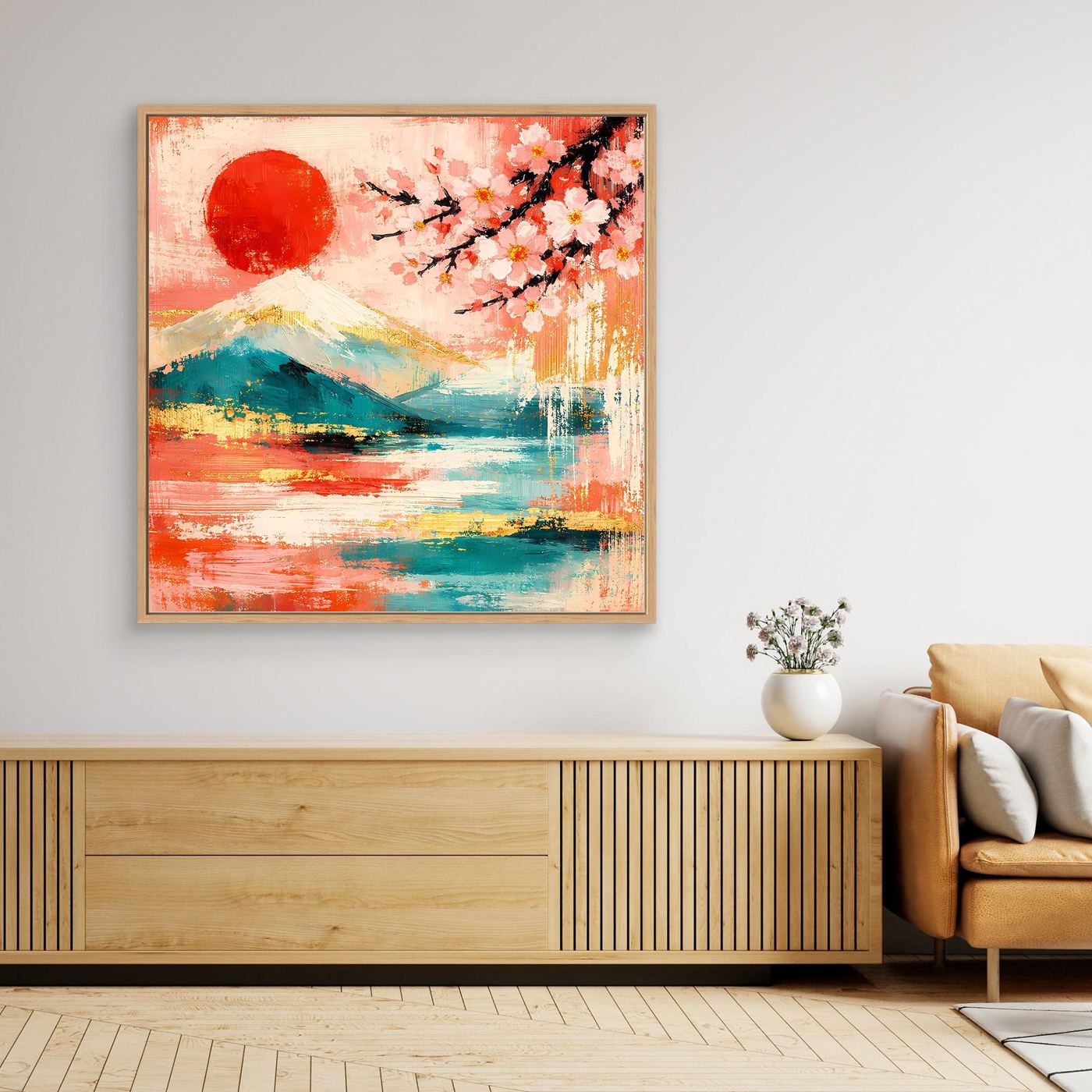 Abstraktes Leinwandbild mit roter Sonne, Kirschblüten und Landschaftsmotiv im goldbraunen Rahmen