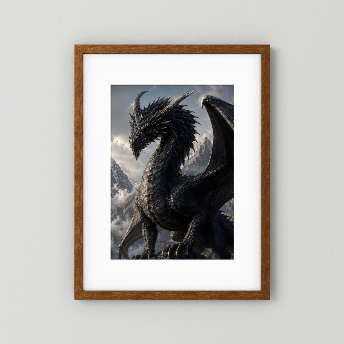 Fantasy-Drachenposter mit schwarzem Drachen in Berglandschaft, Holzrahmen mit weißem Rand