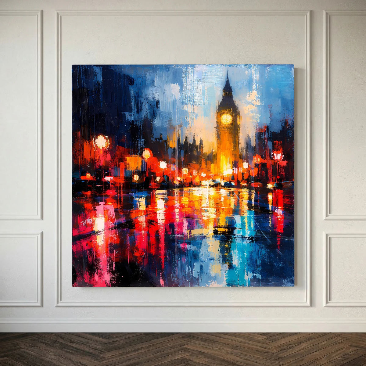 Leinwand Abstraktes Big Ben London Gemälde | Modernes Urbanes Wandbild bei Nacht