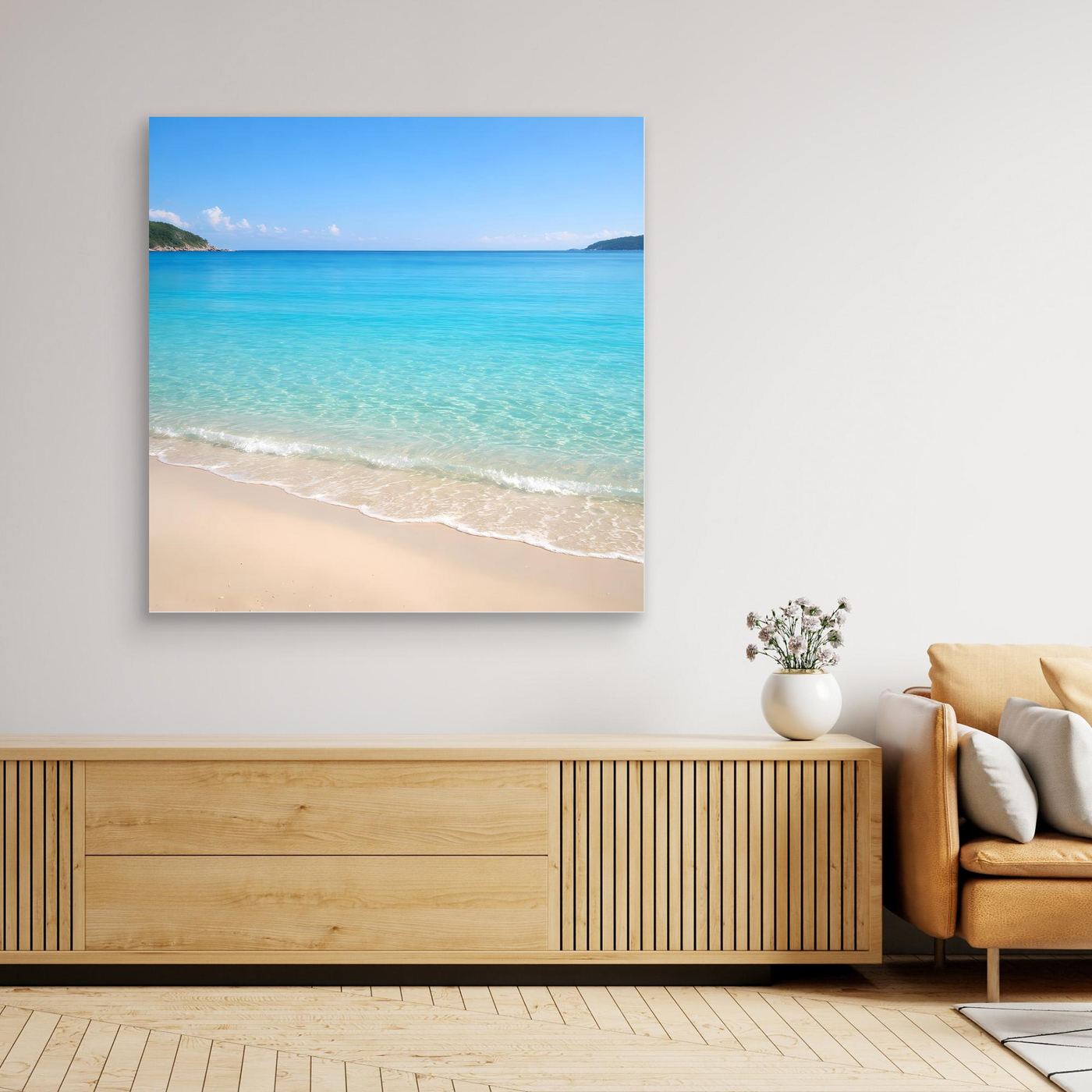 Quadratisches Leinwandbild Strand mit türkisfarbenem Meer und hellem Sand, ohne sichtbaren Rahmen