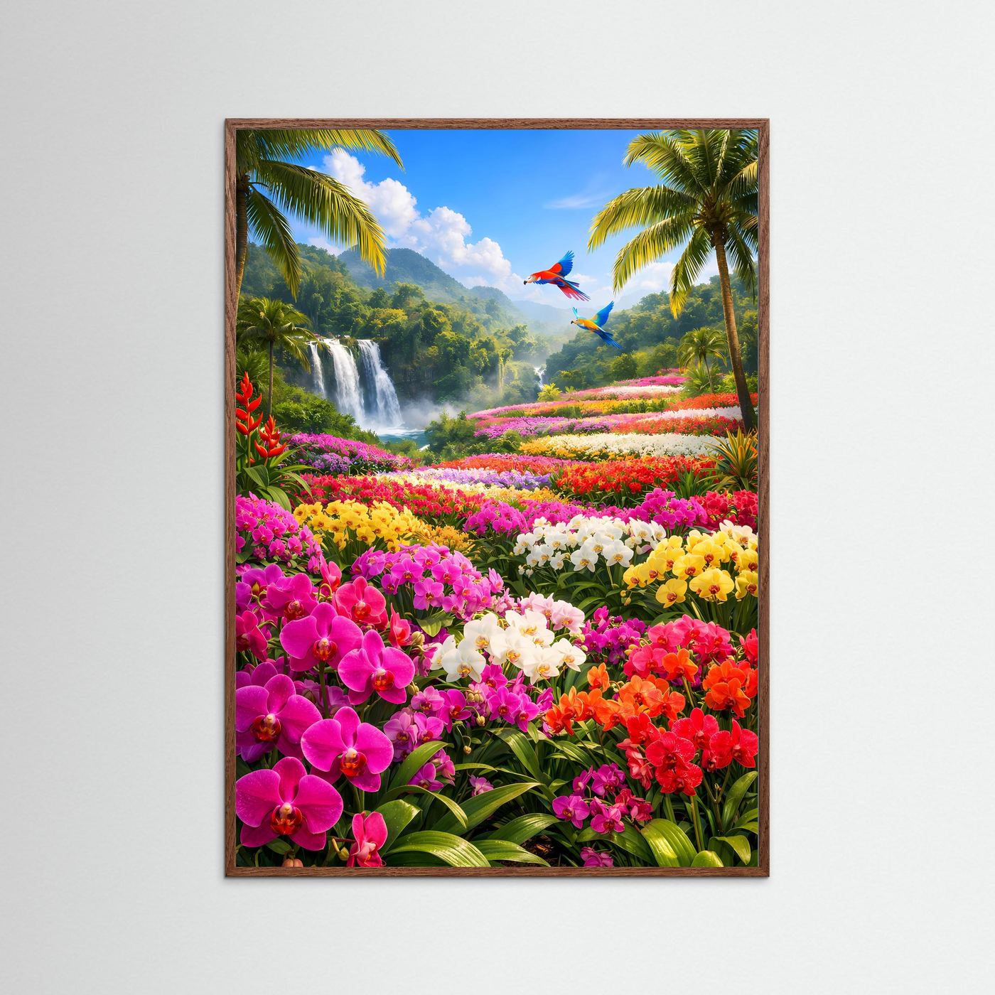 Hochformatiges Poster mit Orchideenbeeten, Palmen, Wasserfall und zwei bunten Vögeln