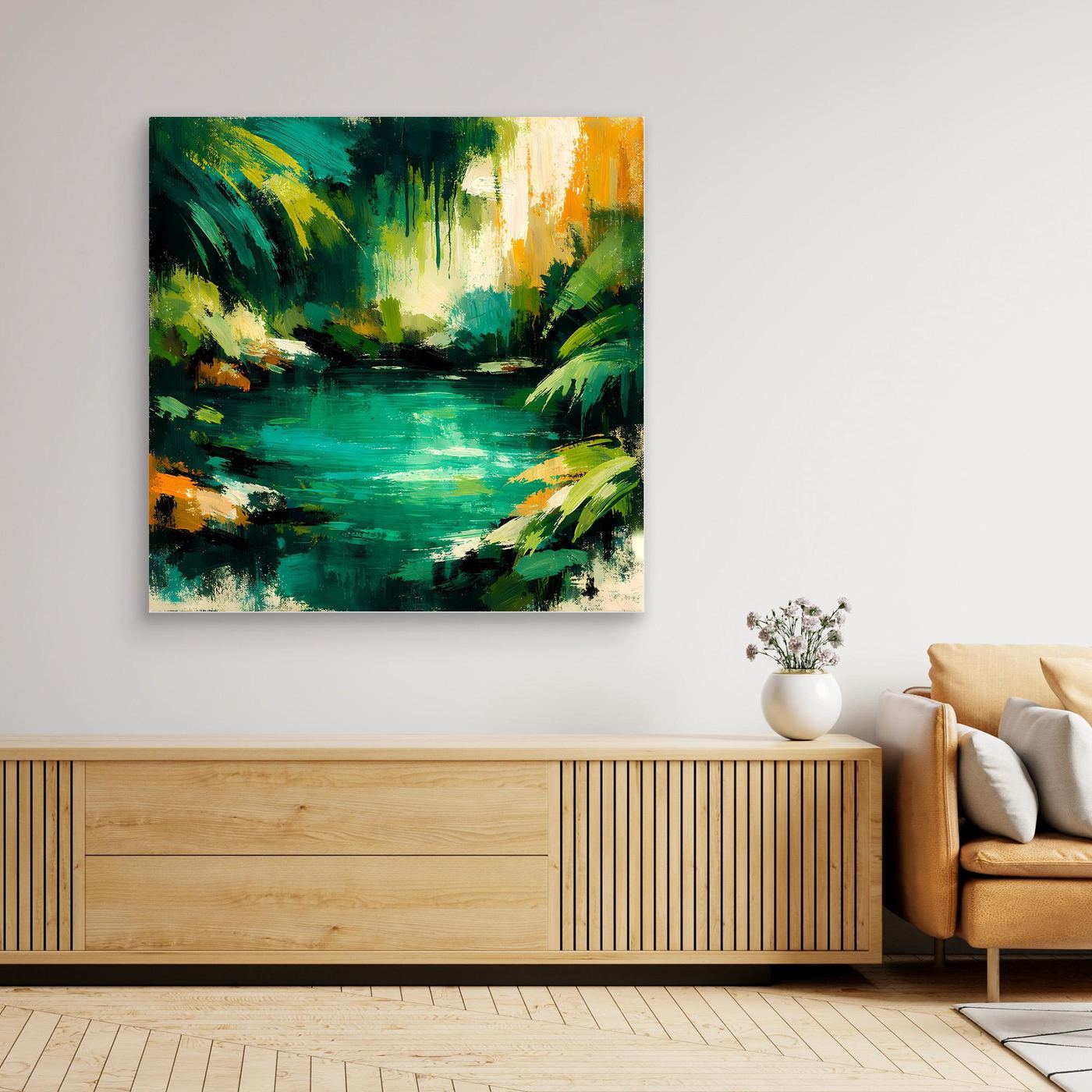 Leinwand Abstraktes Dschungelgewässer | Modernes Urwald Wandbild Smaragdgrün