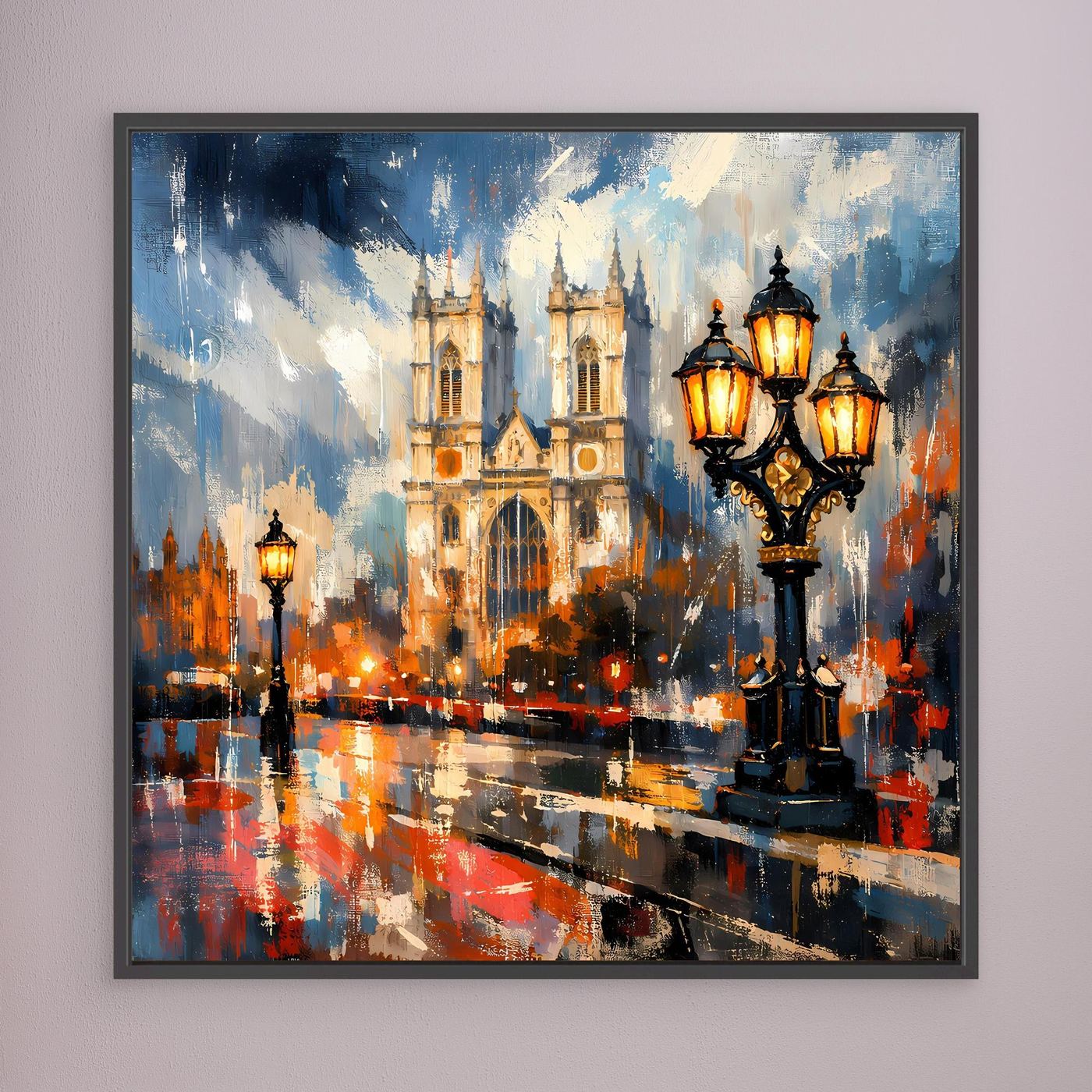Abstraktes Wandbild mit Kathedrale, Laternen und Regen, dunkler Rahmen