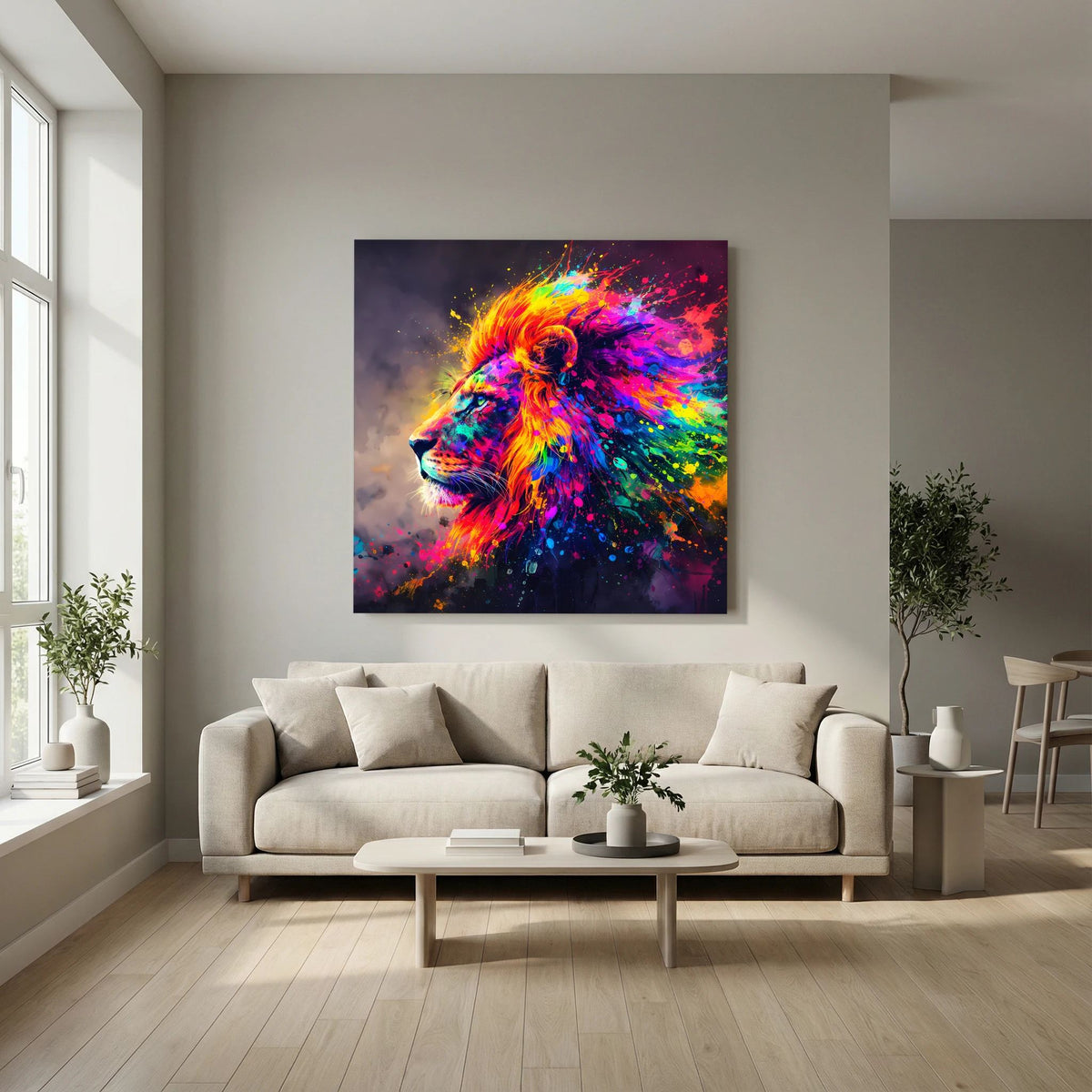 Leinwandbild auf Keilrahmen: bunter Löwenkopf in Pop-Art mit Regenbogenverwirbelungen