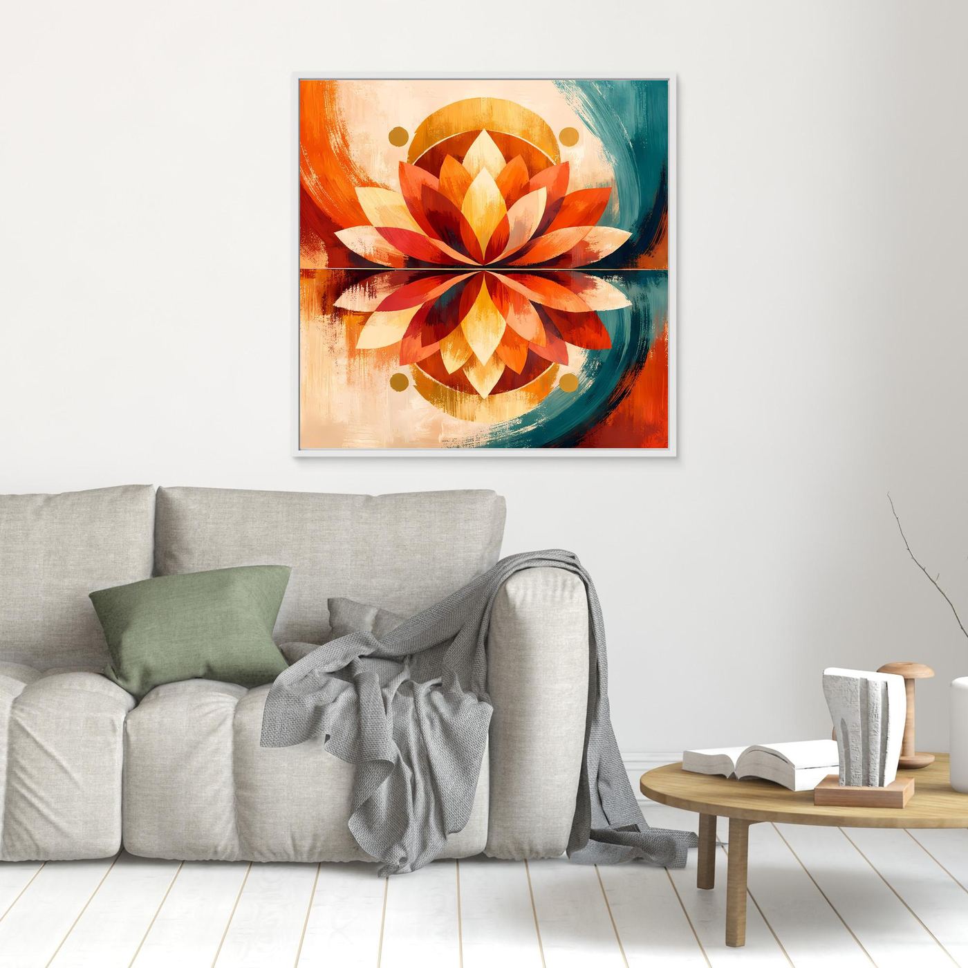 Kleines Leinwandbild mit symmetrischer Lotusblüte in Orange und Türkis, abstrakte Struktur und Linien