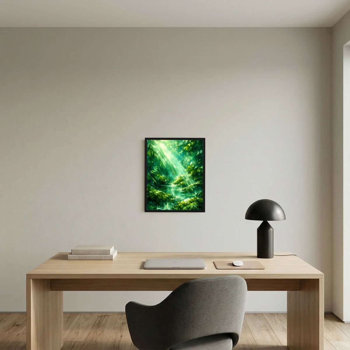 Wandposter im Hochformat mit grünem Waldsee und Sonnenstrahlen im dunklen Rahmen
