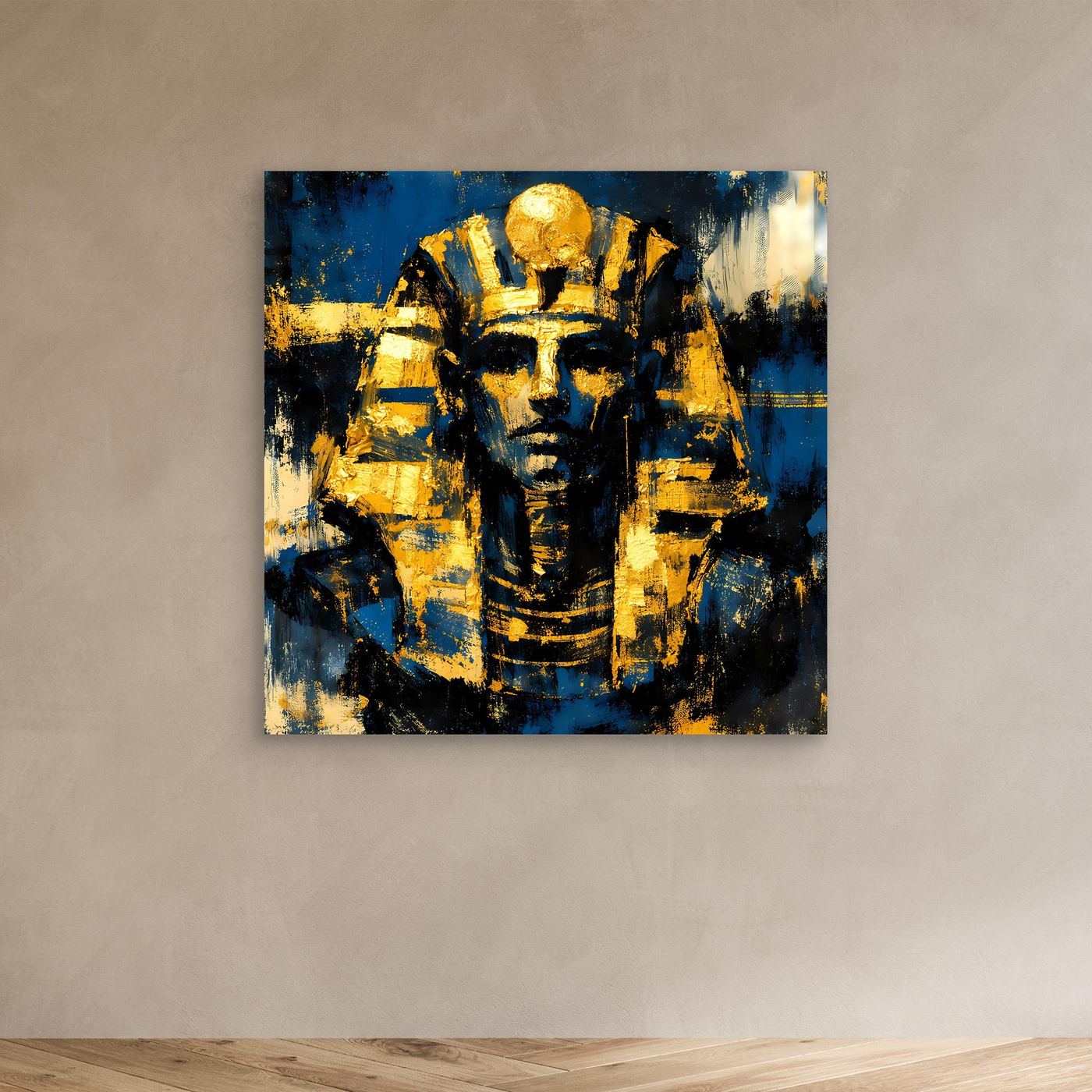 Leinwandbild mit Pharao-Porträt, blau-goldene Farbflecken, goldene Kopfbedeckung