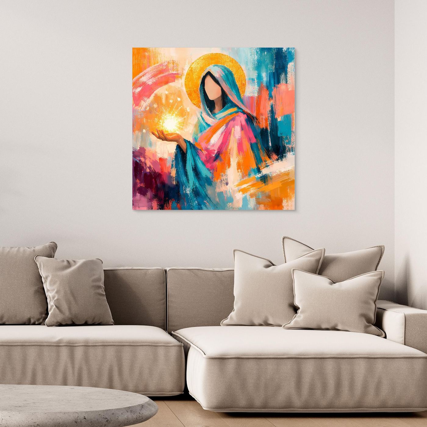 Wandbild mit abstrakter Heiligenfigur, orange-hellblau, ohne Rahmen