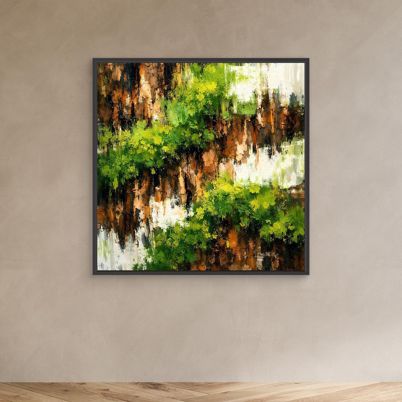 Wandbild mit bewachsener Felswand in Grün und Braun, abstraktes Leinwandmotiv, schwarzer Rahmen