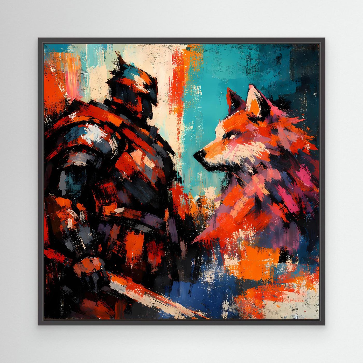 Abstraktes Leinwand-Wandbild mit schwarzem Rahmen: Krieger und Wolf, kräftige Pinselstriche