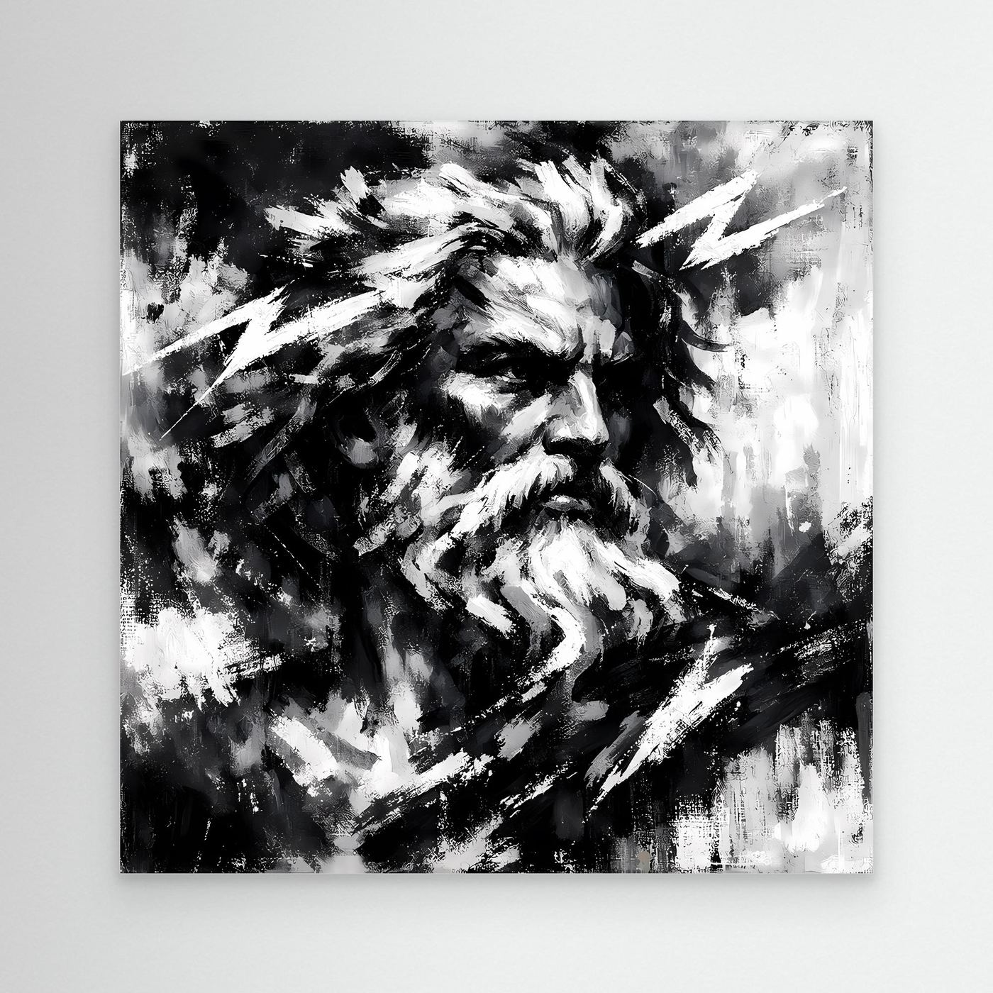 Unframed abstract Zeus wall print in black and white with stylized beard and lightning