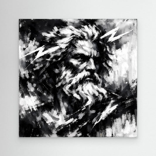 Unframed abstract Zeus wall print in black and white with stylized beard and lightning