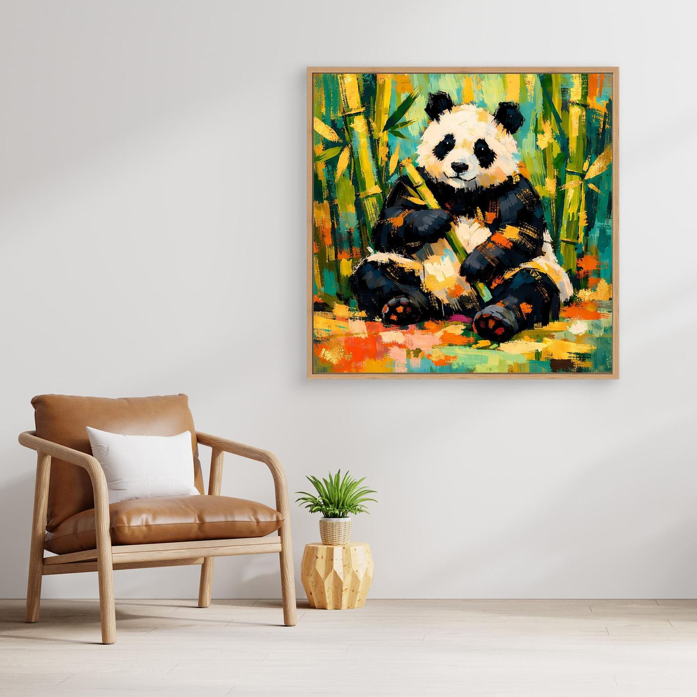 Leinwandbild mit sitzendem Panda im Bambuswald, bunt, abstrakt, Eichenrahmen