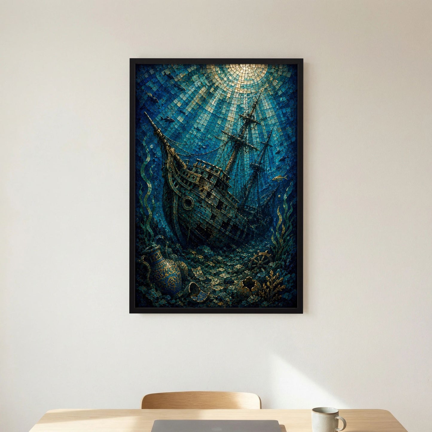 Gerahmtes Poster: versunkenes Segelschiff als Mosaik, blaues Unterwasser mit Goldakzenten