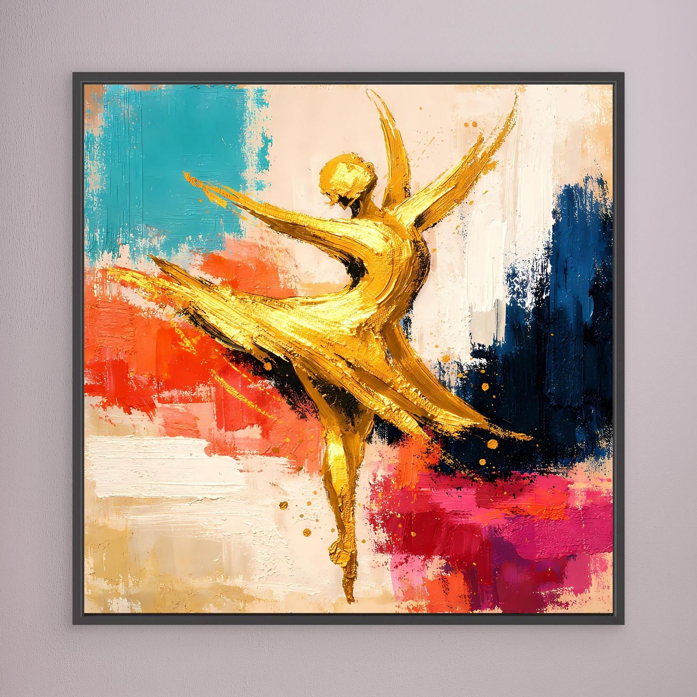 Wandbild Leinwand mit abstrakter goldener Tänzerin, Armen hoch, farbige Pinselstriche, schwarzer Rahmen