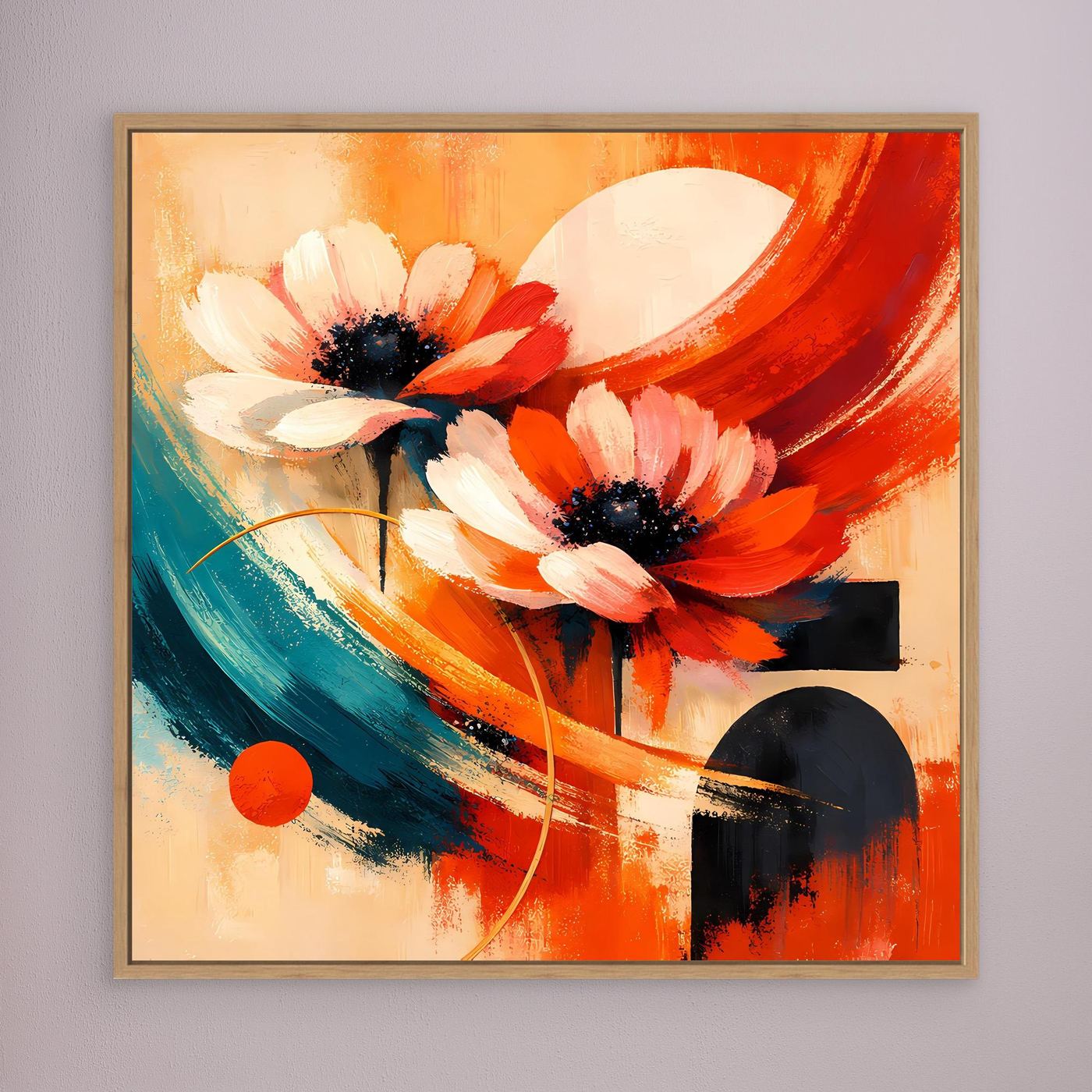 Leinwandbild mit abstrakten Anemonen: Orange, Rot, Türkis, braun gerahmt