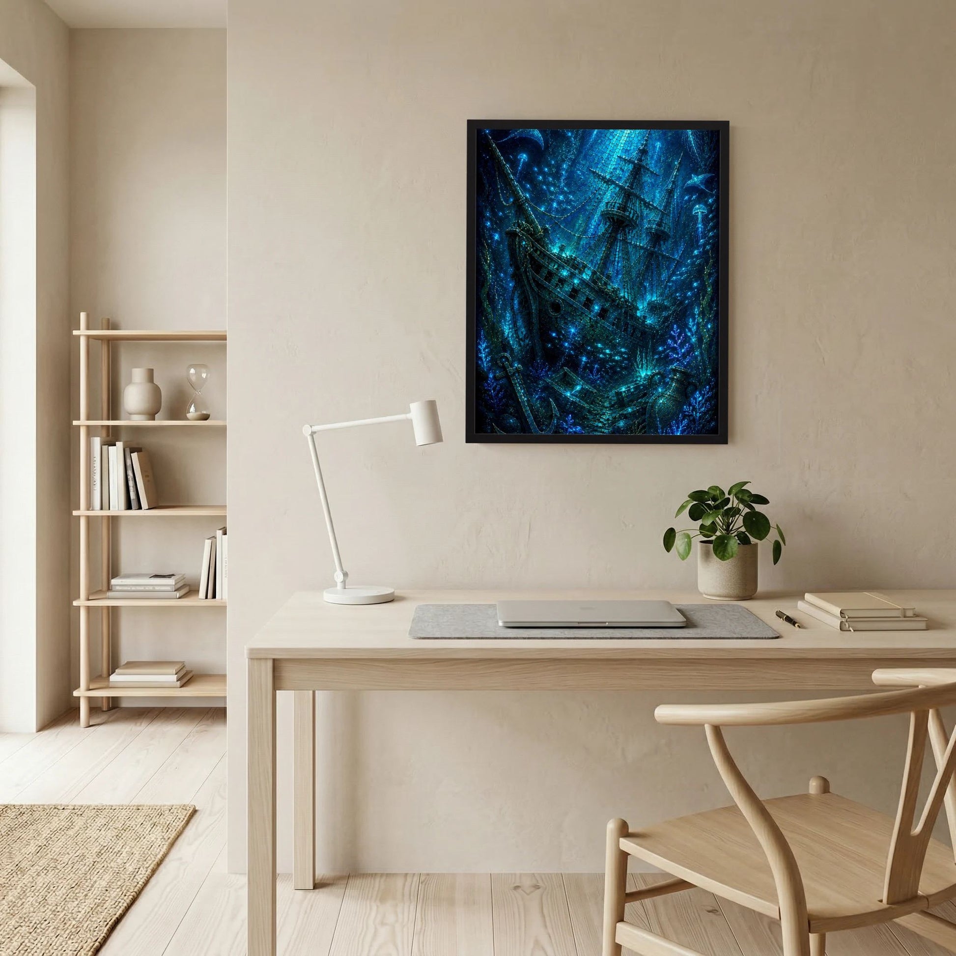 Kunstposter mit blauem Geisterschiff im schwarzen Rahmen