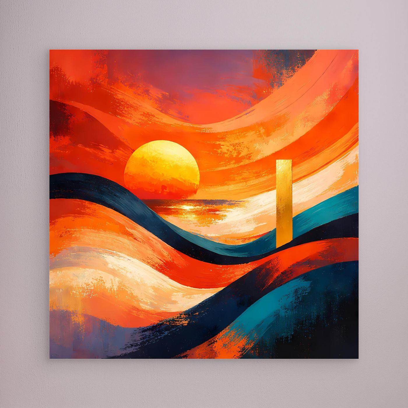 Leinwandbild mit abstraktem Sonnenuntergang: gelbe Sonne, bunte Wellen, orange und blau, silberner Rahmen