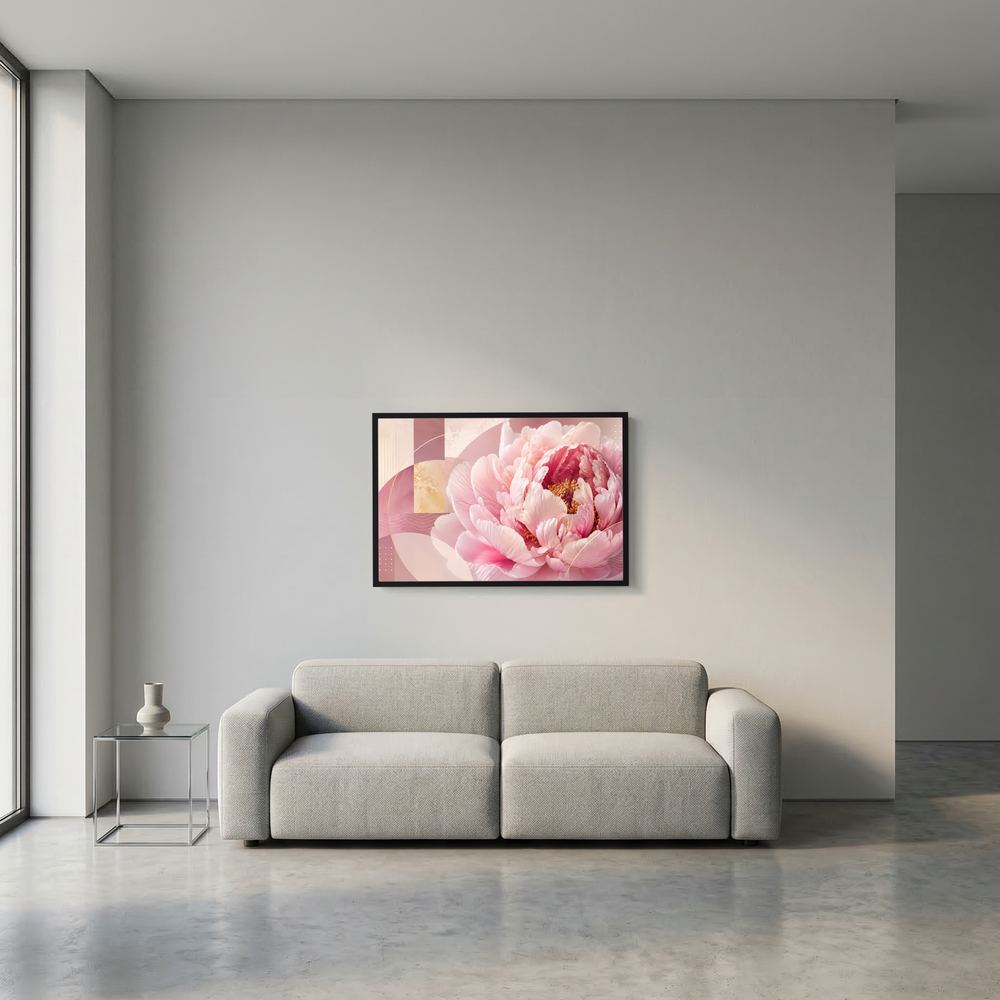 Wandposter im Querformat mit pastellrosa Pfingstrose, schwarzer Rahmen