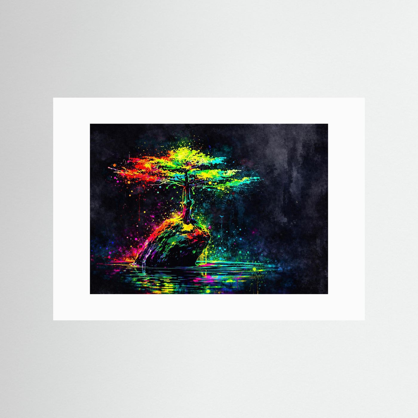Wandbild mit abstraktem Bonsai-Baum und Neonfarben, weißer Rand ohne Rahmen