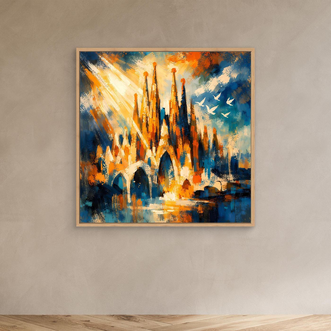 Abstraktes Leinwand-Wandbild mit Türmen in Blau, Orange und Gelb, Eichenrahmen