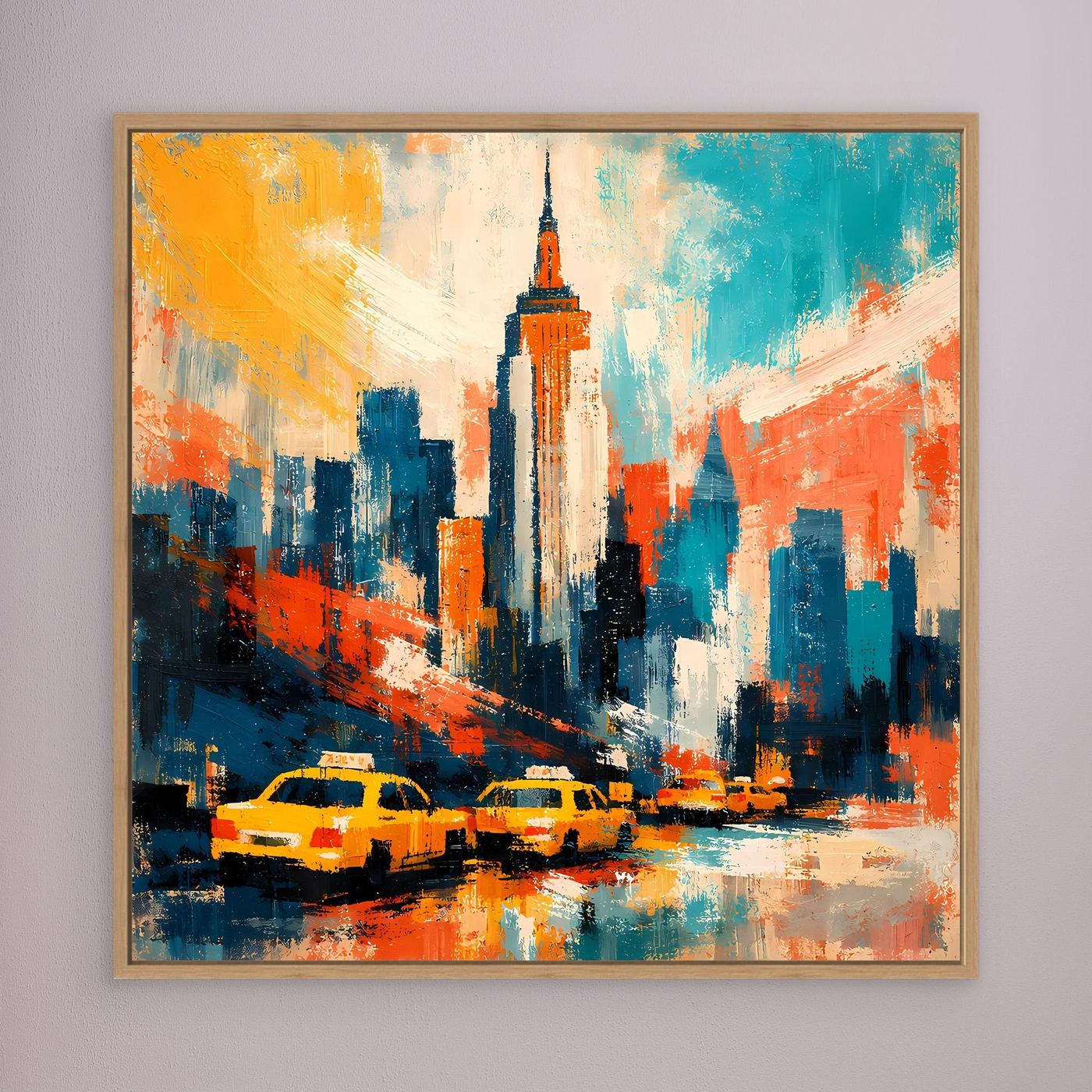 Abstraktes Leinwand-Wandbild mit Skyline und gelben Taxis, braun gerahmt