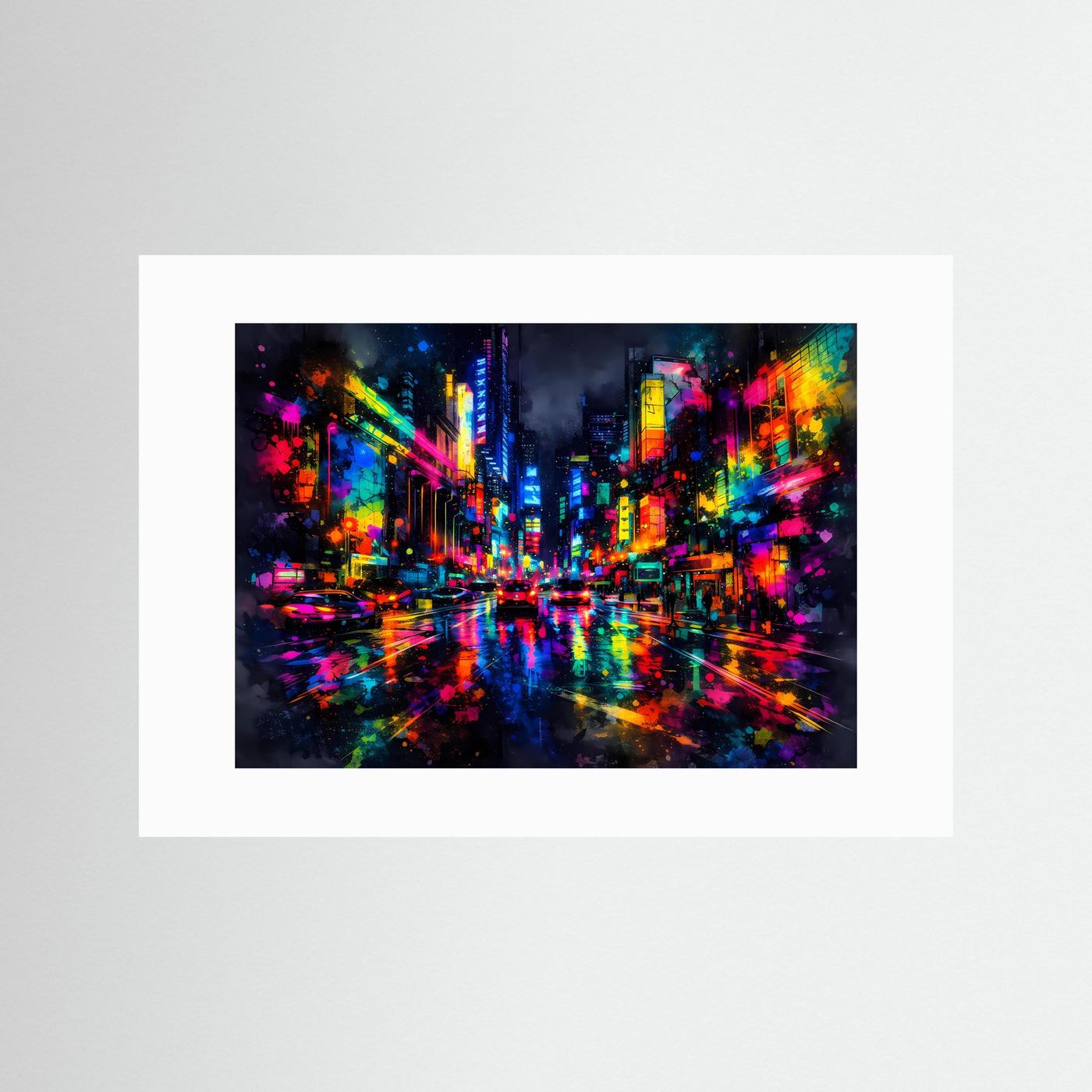 Neon-Stadtposter Querformat mit bunten Lichtern, mit weißem Passepartout