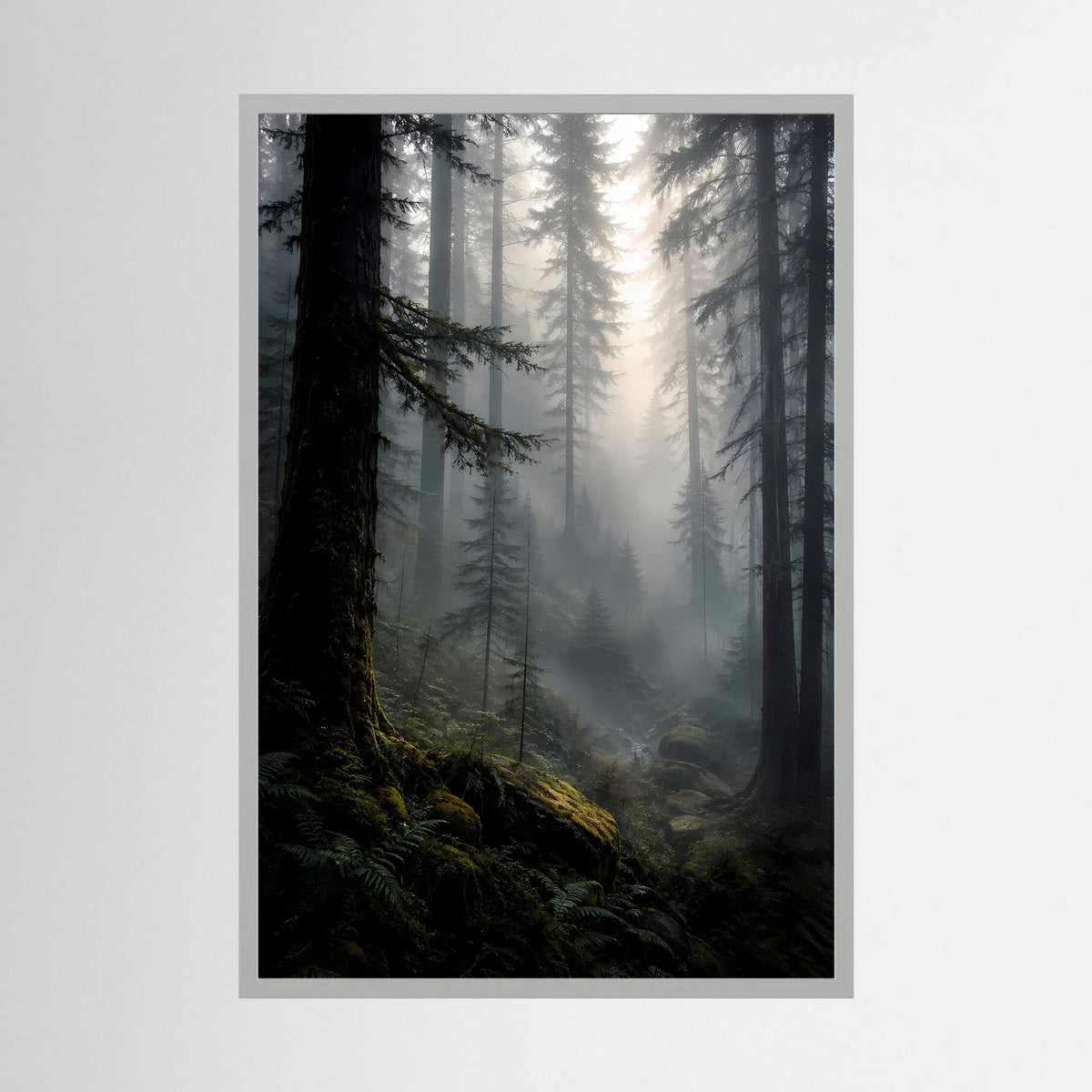 Poster im Hochformat mit dunklem Wald, Lichtstrahlen und heller Passepartout-Umrandung