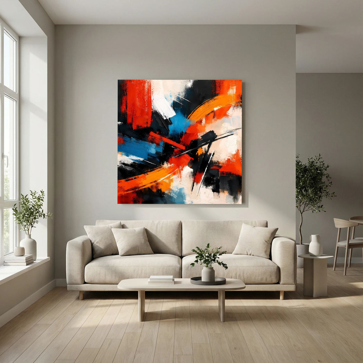 Abstraktes Leinwandbild auf Holzkeilrahmen mit roten, blauen, schwarzen und orangefarbenen Strichen