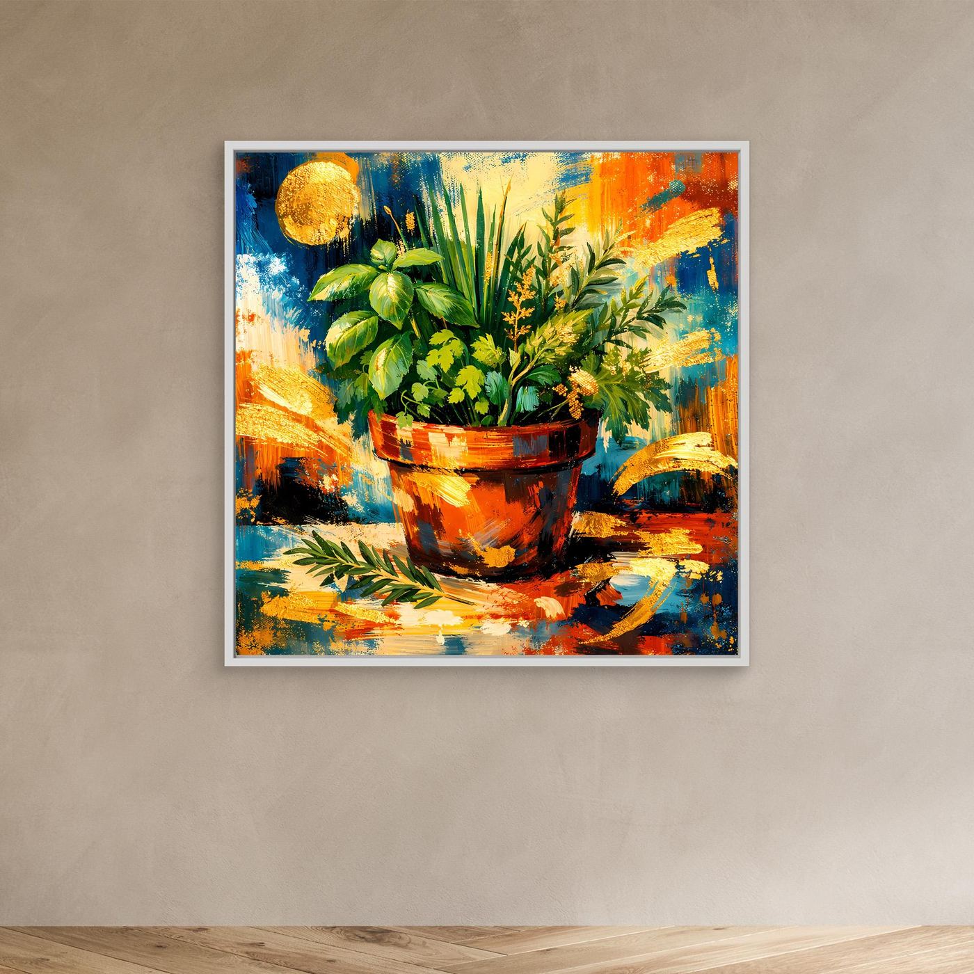 Leinwandbild mit Kräutern im Tontopf im hellen Rahmen, abstrakt in Grün, Blau und Orange