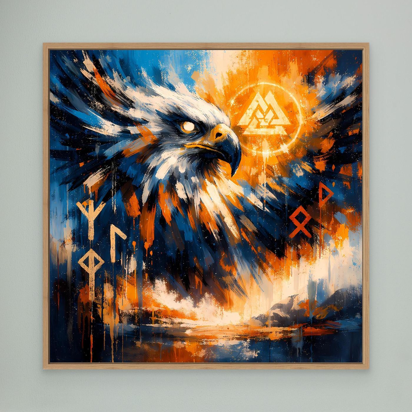 Abstraktes Adler-Leinwandbild mit nordischen Runen und Sonnensymbol im Eichenrahmen