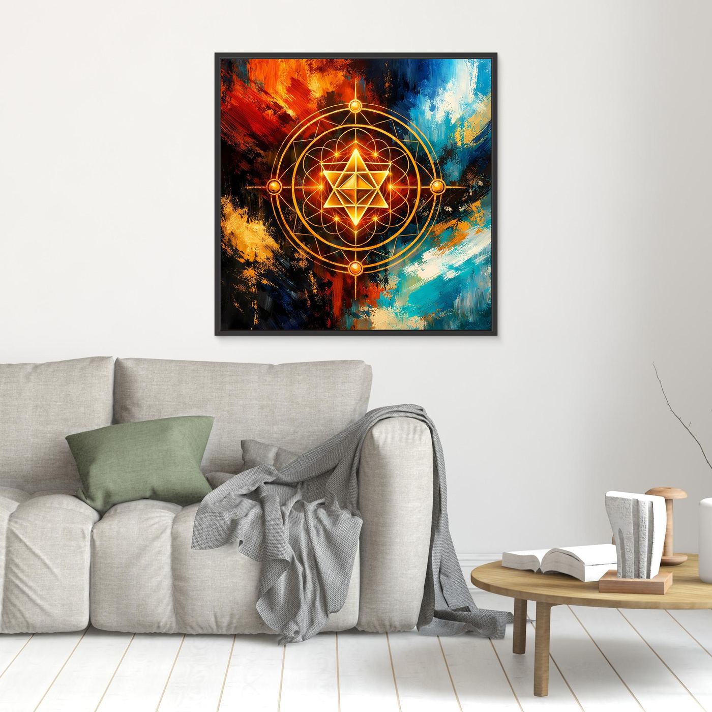 Leinwandbild mit goldener Merkaba-Geometrie, abstrakte Farbflächen, dunkel gerahmt