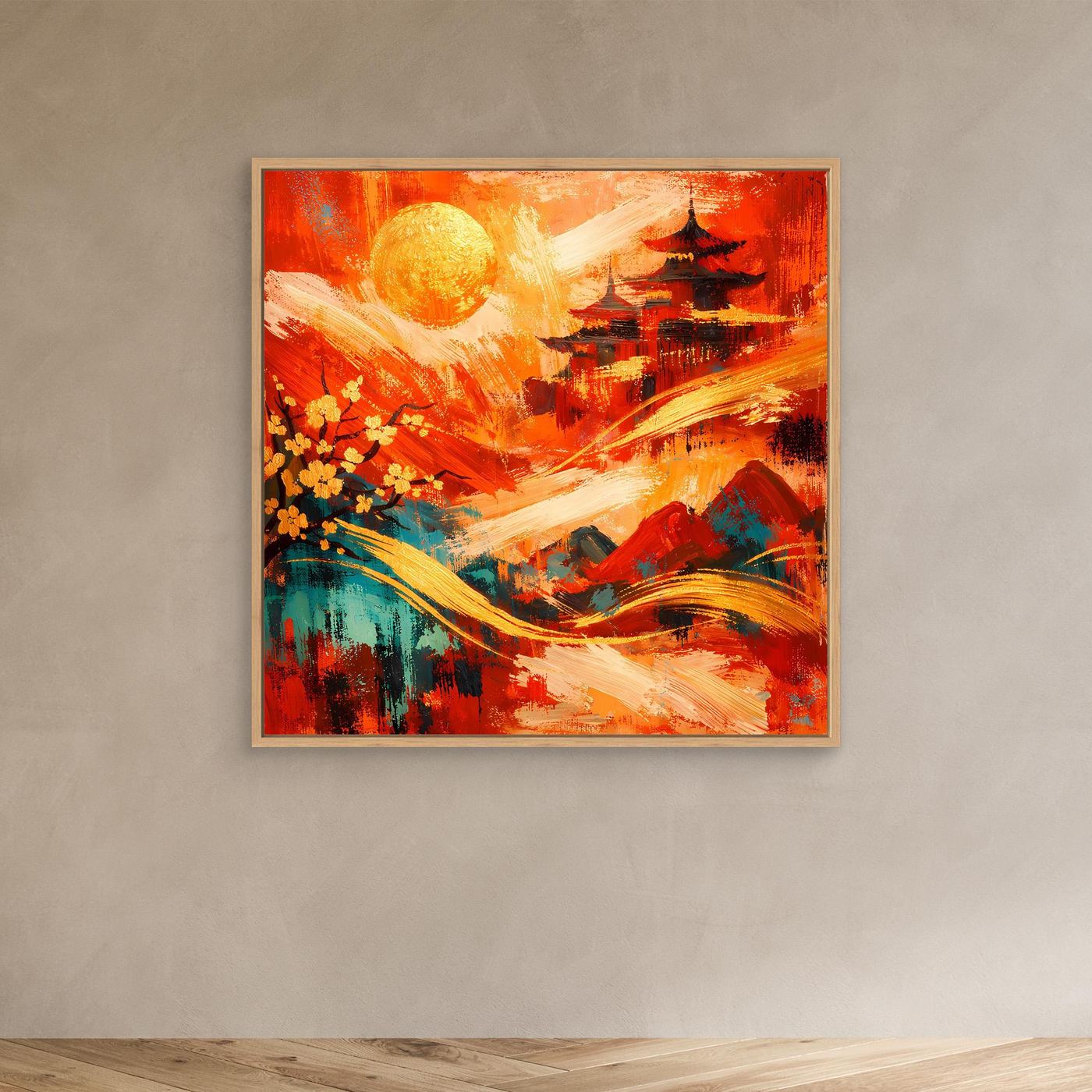 Abstraktes Leinwandbild: Pagode, Sonne und Blüten in Rot, hell eingefasst