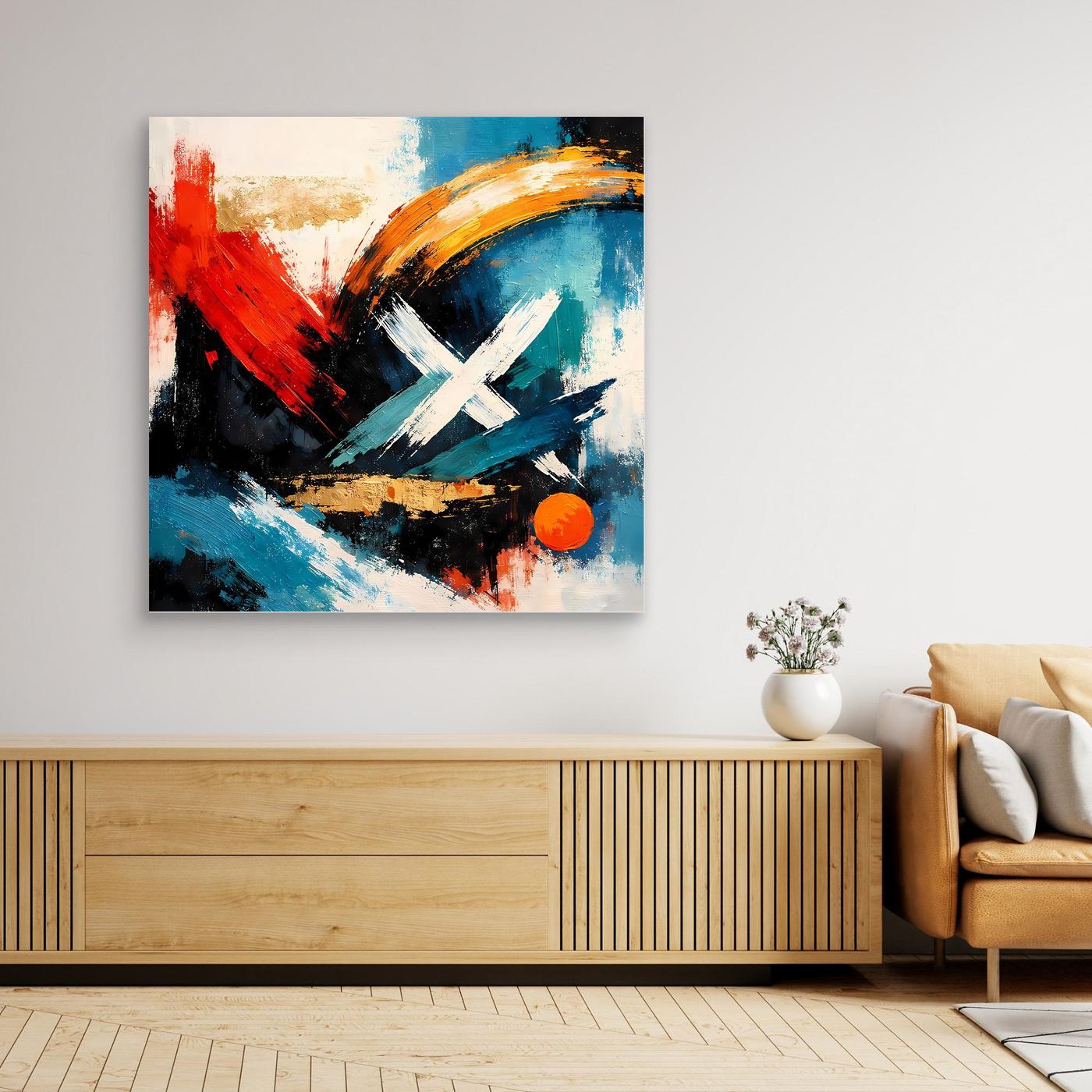 Leinwandbild im schwarzem Rahmen mit abstraktem Motiv aus Rot, Blau und Schwarz sowie orangefarbener Kugel