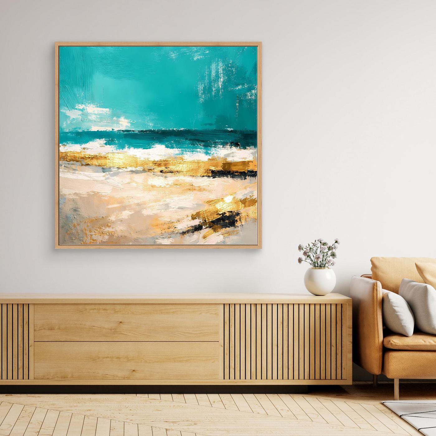 Leinwand Abstraktes Strandgemälde in Türkis und Gold | Modernes Meer Wandbild