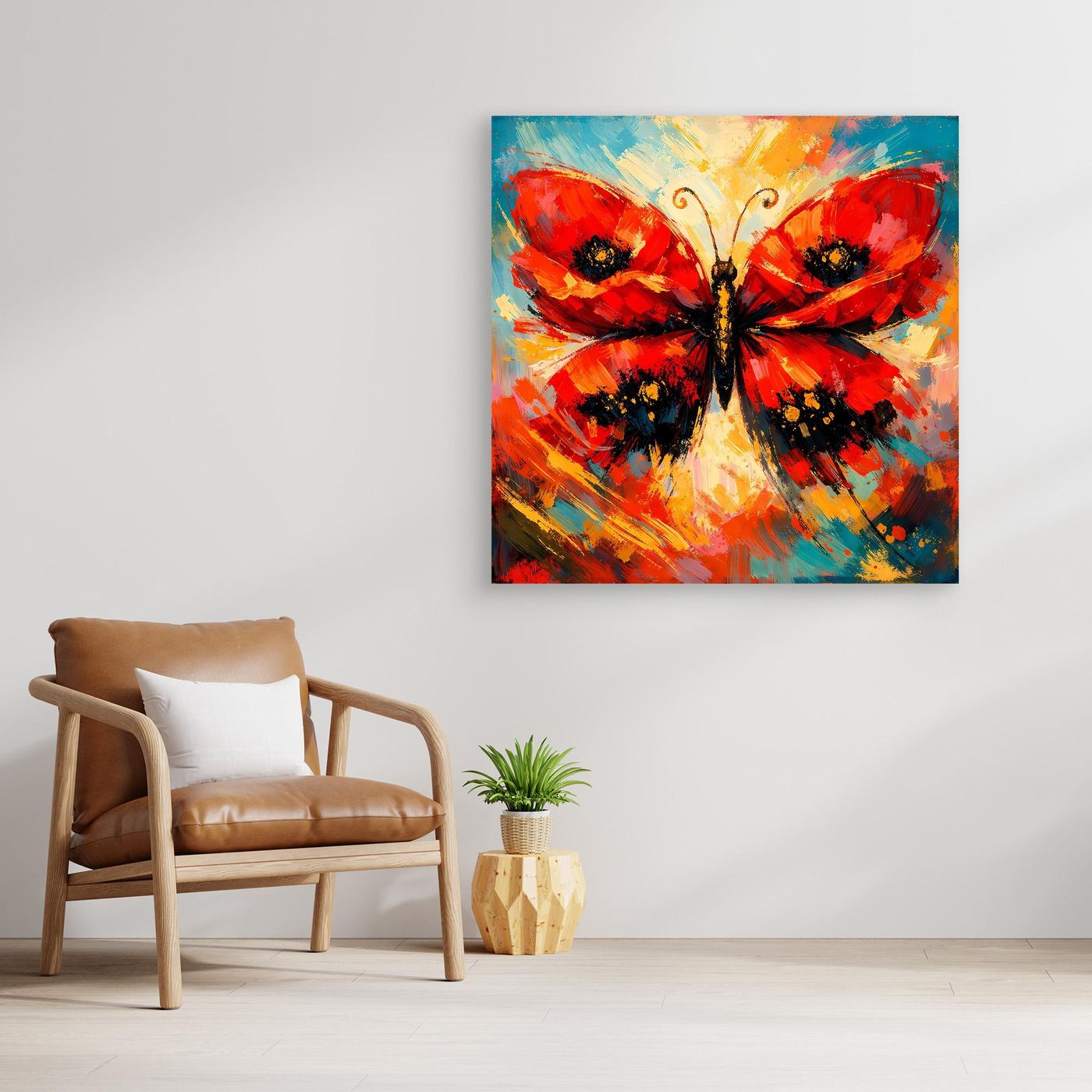 Gerahmtes Leinwandbild mit abstraktem Schmetterling in Rot, Schwarz, Gelb und Türkis