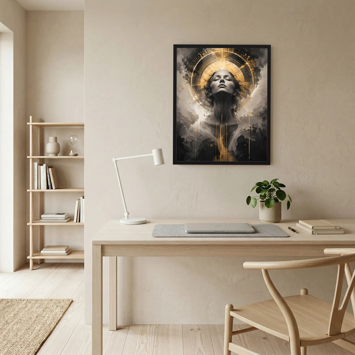 Gerahmtes Poster mit Frauengesicht im abstrakten Stil, goldene Aureole und schwarze Farbflächen.