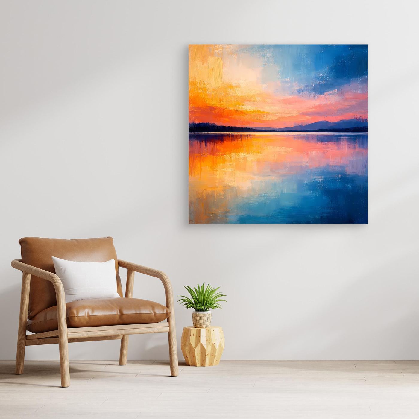 Abstraktes Leinwand-Wandbild mit Sonnenuntergang über dem See und spiegelnden Lichtflächen