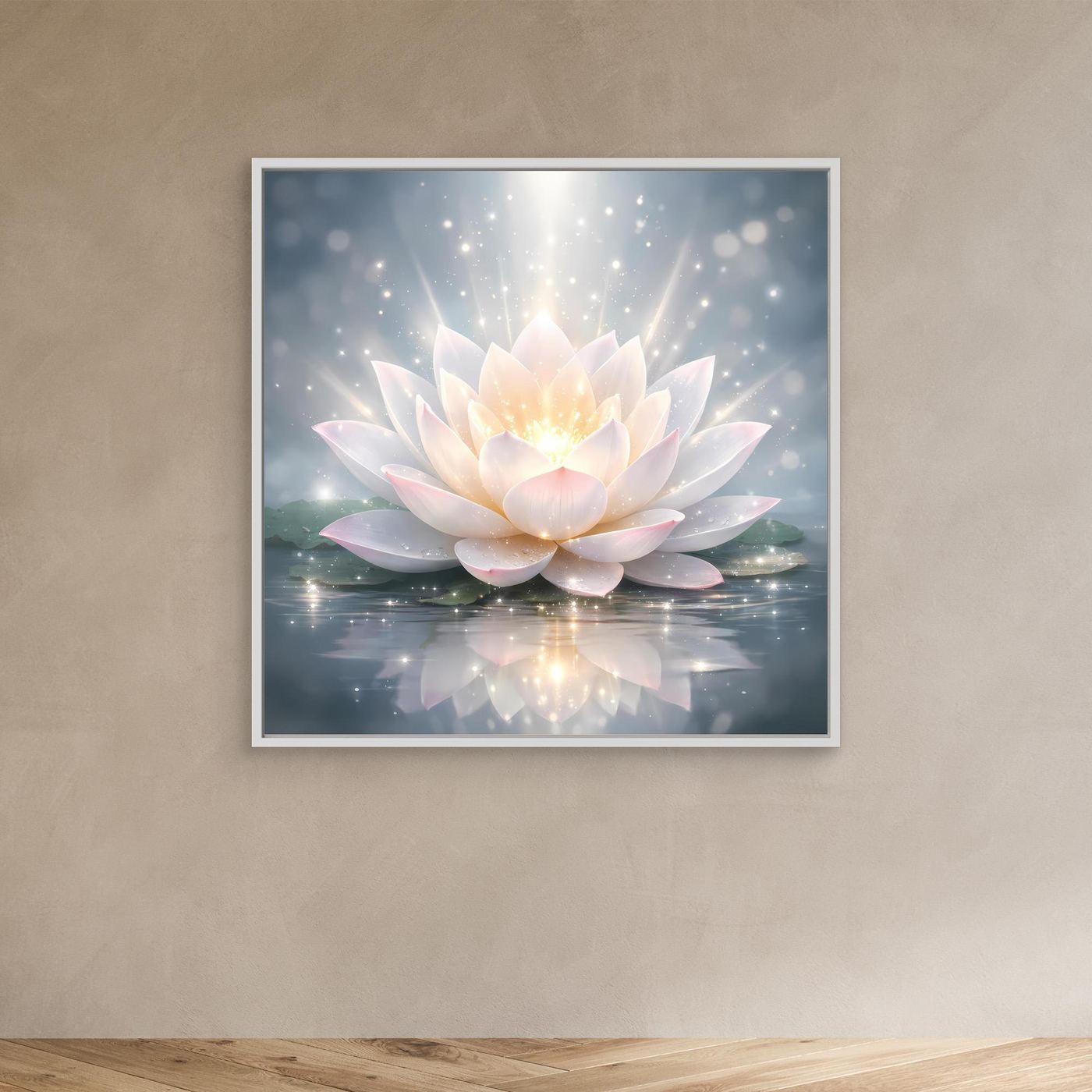Leinwandbild mit leuchtender Lotusblüte im weißen Rahmen, helle Blüten, Lichtstrahlen
