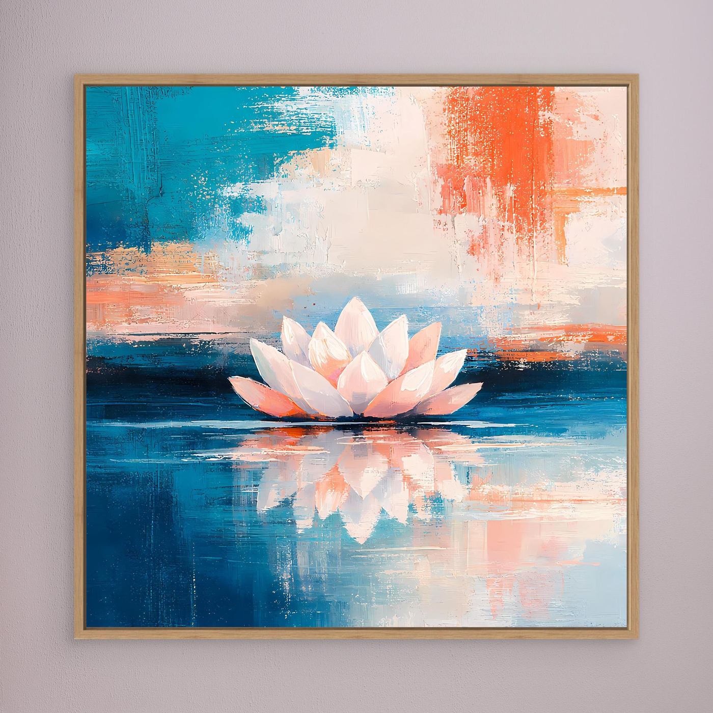 Leinwand Abstrakte Lotusblüte auf dem Wasser | Modernes Seerosen Wandbild Blau Orange