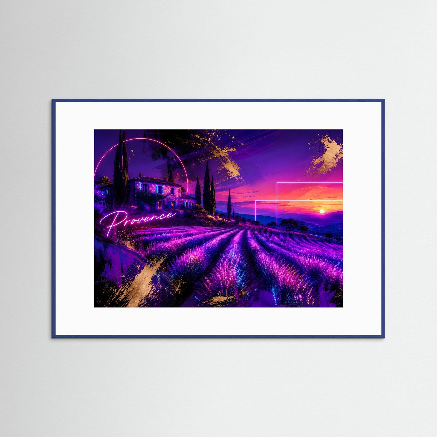 Provence Lavendelfeld Neon Poster | Futuristische Landschaft | Lavendel Sonnenuntergang | Moderne Wandkunst | Fine Art Print