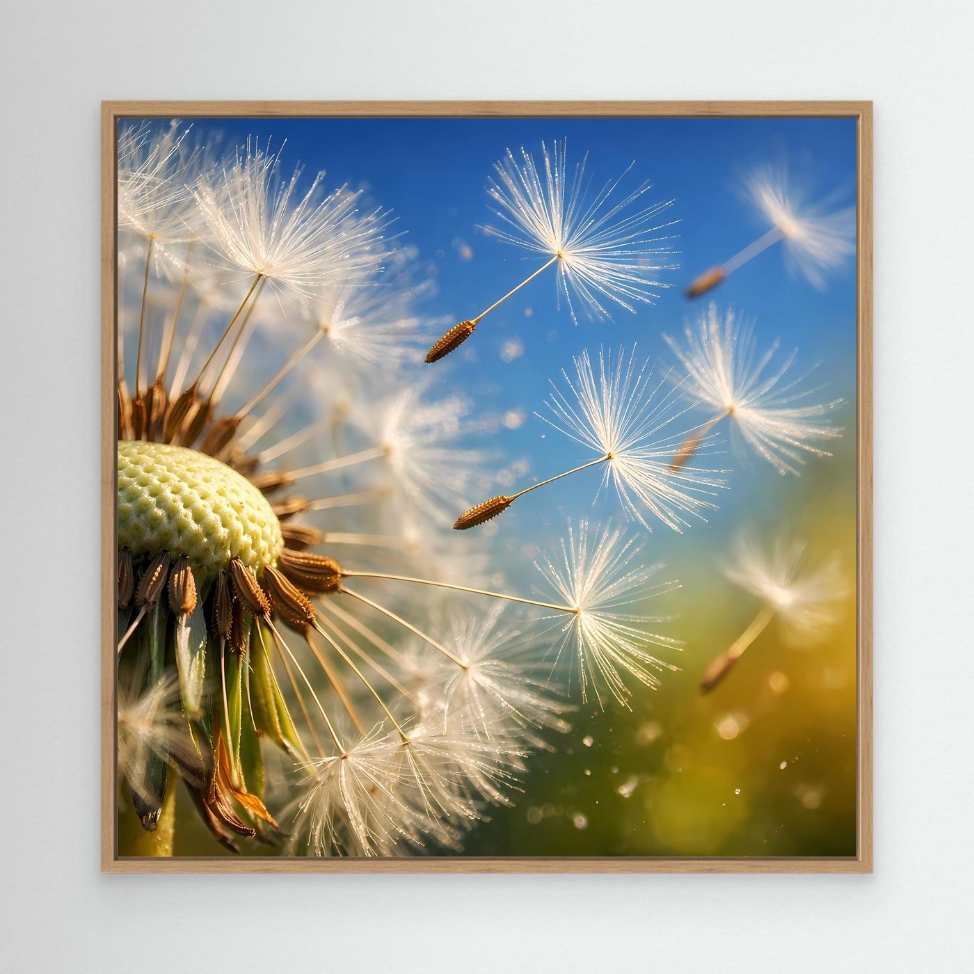 Leinwandbild mit Makro-Pusteblume und fliegenden Löwenzahnsamen im Eichenrahmen